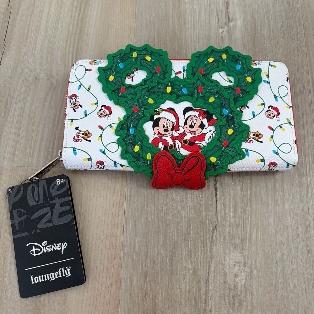 Loungefly Disney Mickey and Minnie Mouse Christmas Wreath Zip Around Wallet - Picture 2 of 6